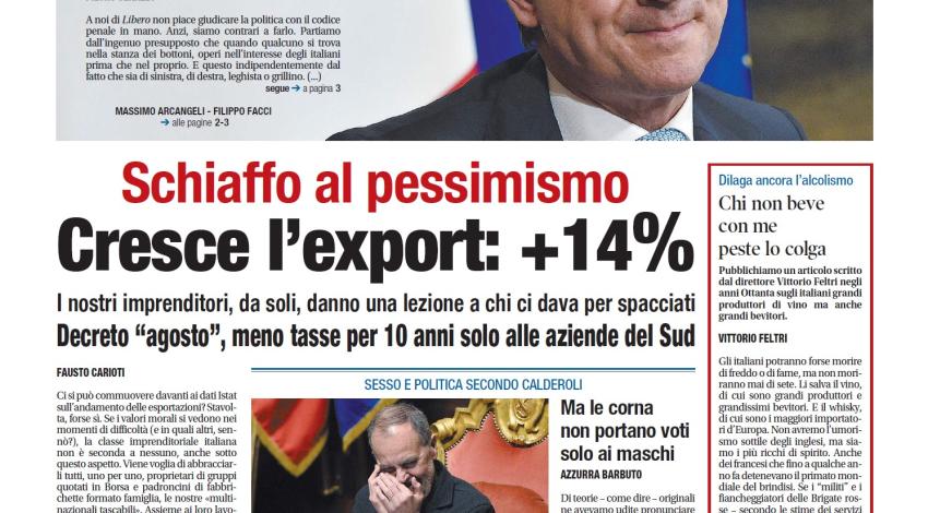 Articolo di Cruciani su Libero dell'8 agosto 2020